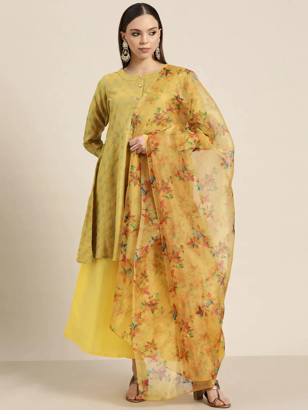 Jompers Women's Floral Pleated Dupion Silk Jacquard Kurta with Palazzos & Dupatta - Yellow | Grocsy