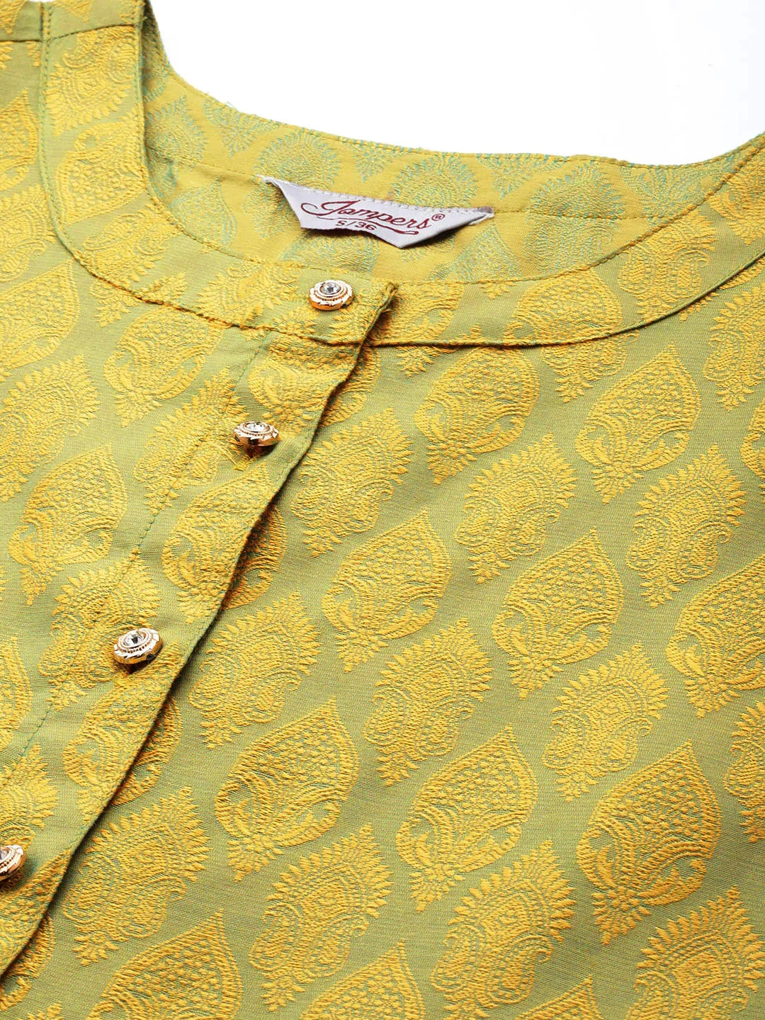 Jompers Women's Floral Pleated Dupion Silk Jacquard Kurta with Palazzos & Dupatta - Yellow | Grocsy