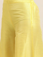 Jompers Women's Floral Pleated Dupion Silk Jacquard Kurta with Palazzos & Dupatta - Yellow | Grocsy