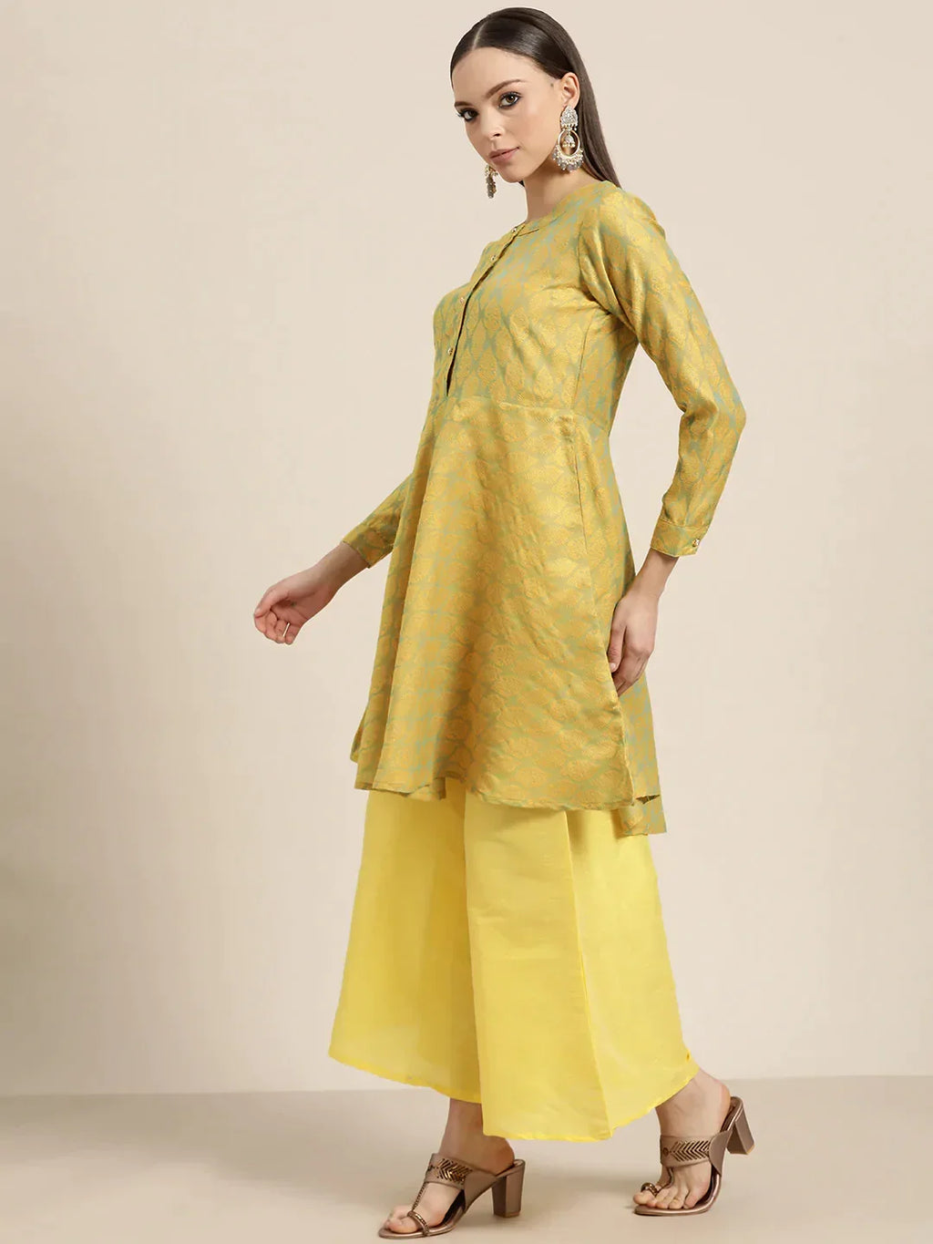 Jompers Women's Floral Pleated Dupion Silk Jacquard Kurta with Palazzos & Dupatta - Yellow | Grocsy