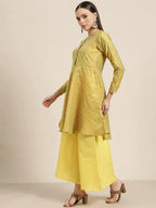 Jompers Women's Floral Pleated Dupion Silk Jacquard Kurta with Palazzos & Dupatta - Yellow | Grocsy