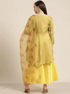 Jompers Women's Floral Pleated Dupion Silk Jacquard Kurta with Palazzos & Dupatta - Yellow | Grocsy