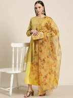 Jompers Women's Floral Pleated Dupion Silk Jacquard Kurta with Palazzos & Dupatta - Yellow | Grocsy