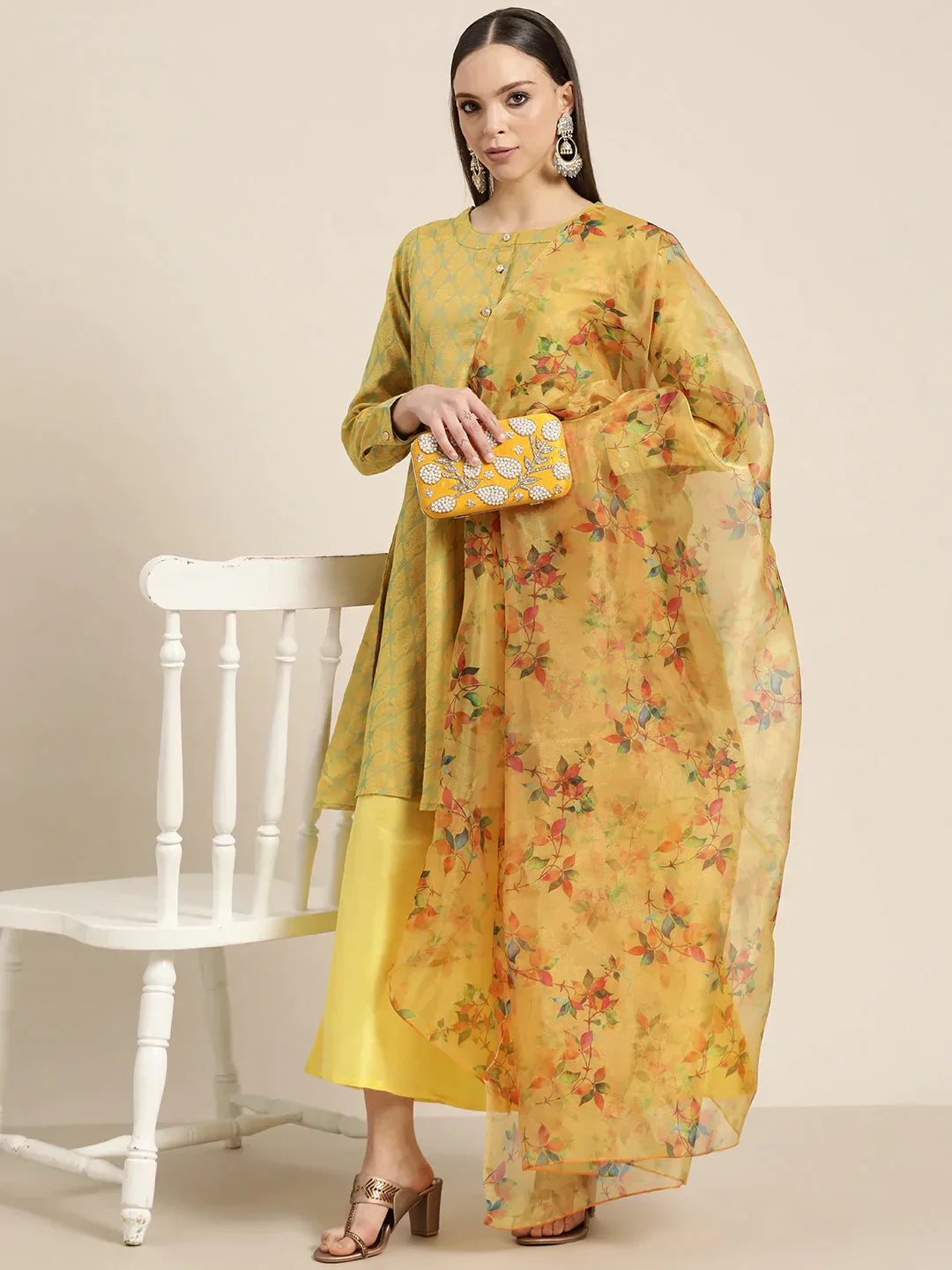 Jompers Women's Floral Pleated Dupion Silk Jacquard Kurta with Palazzos & Dupatta - Yellow | Grocsy