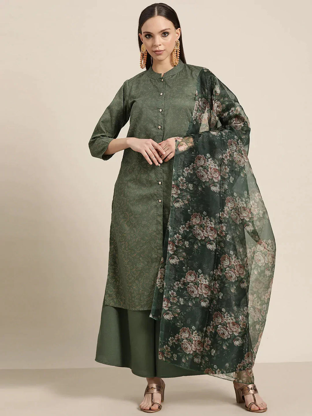 Jompers Women's Maroon Floral Embroidered Mukaish Kurta with Palazzos & Dupatta | Grocsy
