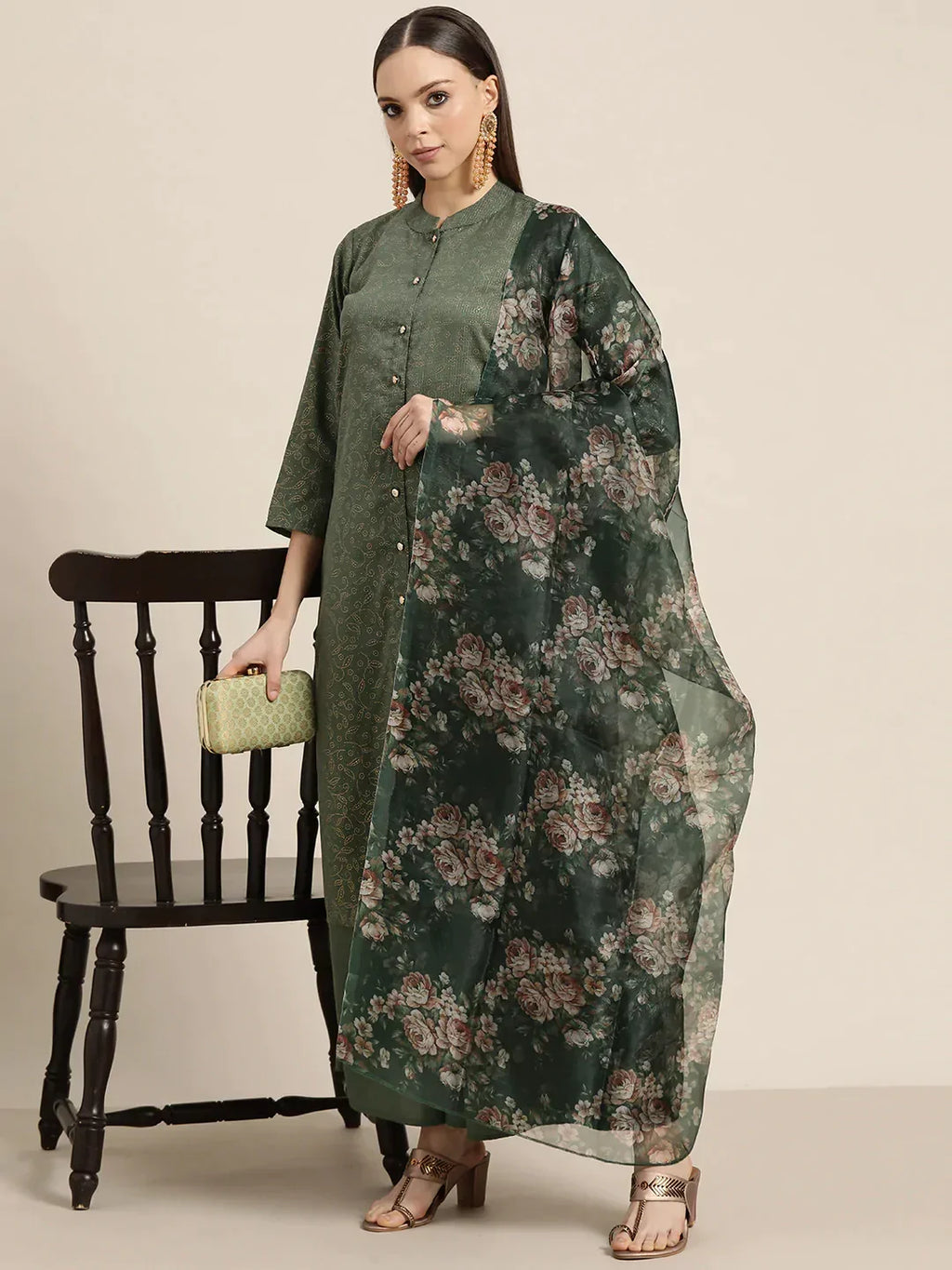 Jompers Women's Maroon Floral Embroidered Mukaish Kurta with Palazzos & Dupatta | Grocsy