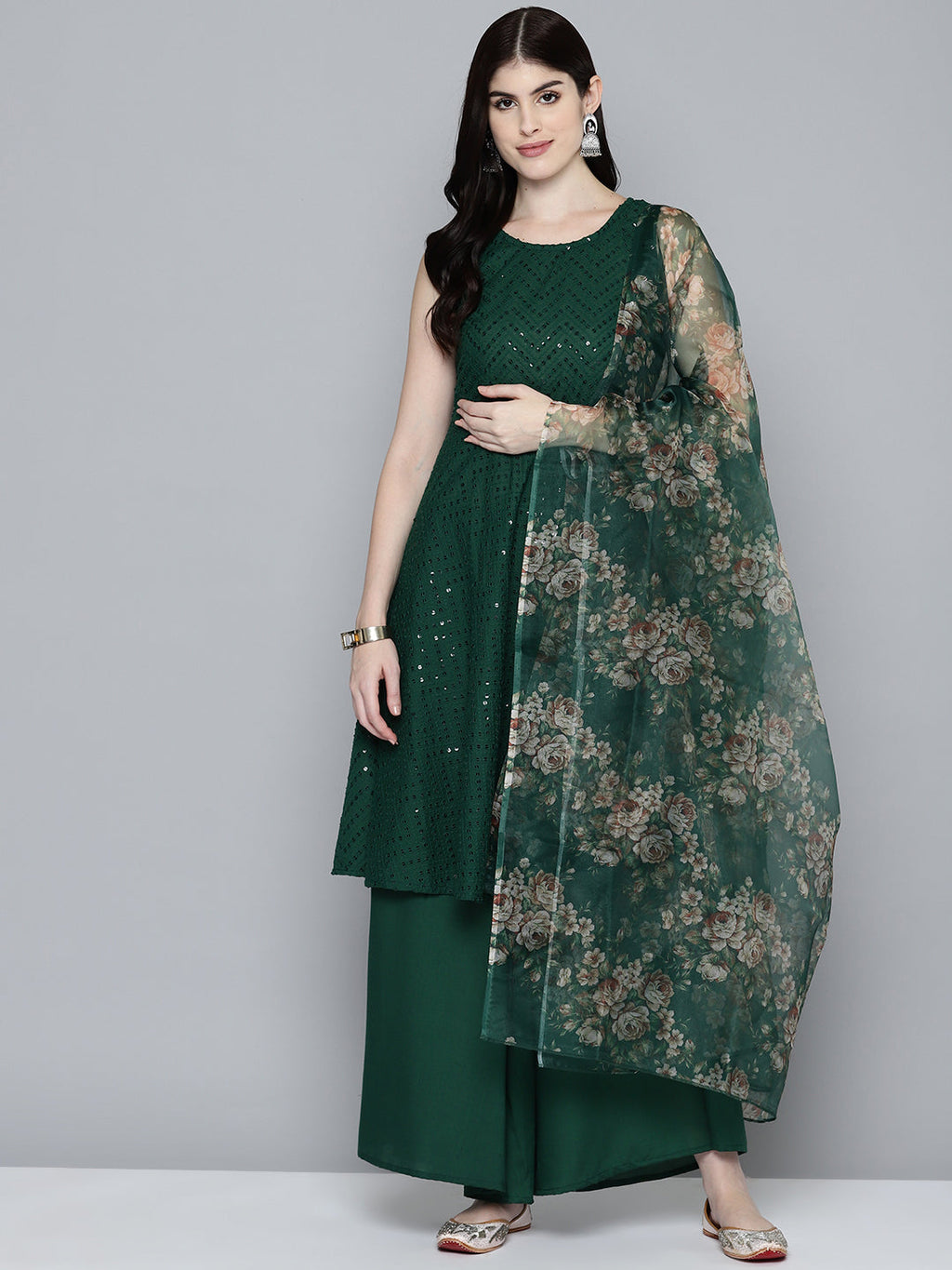 Jompers Women's Embroidered Sequinned Kurta & Palazzos With Dupatta - Green | Grocsy