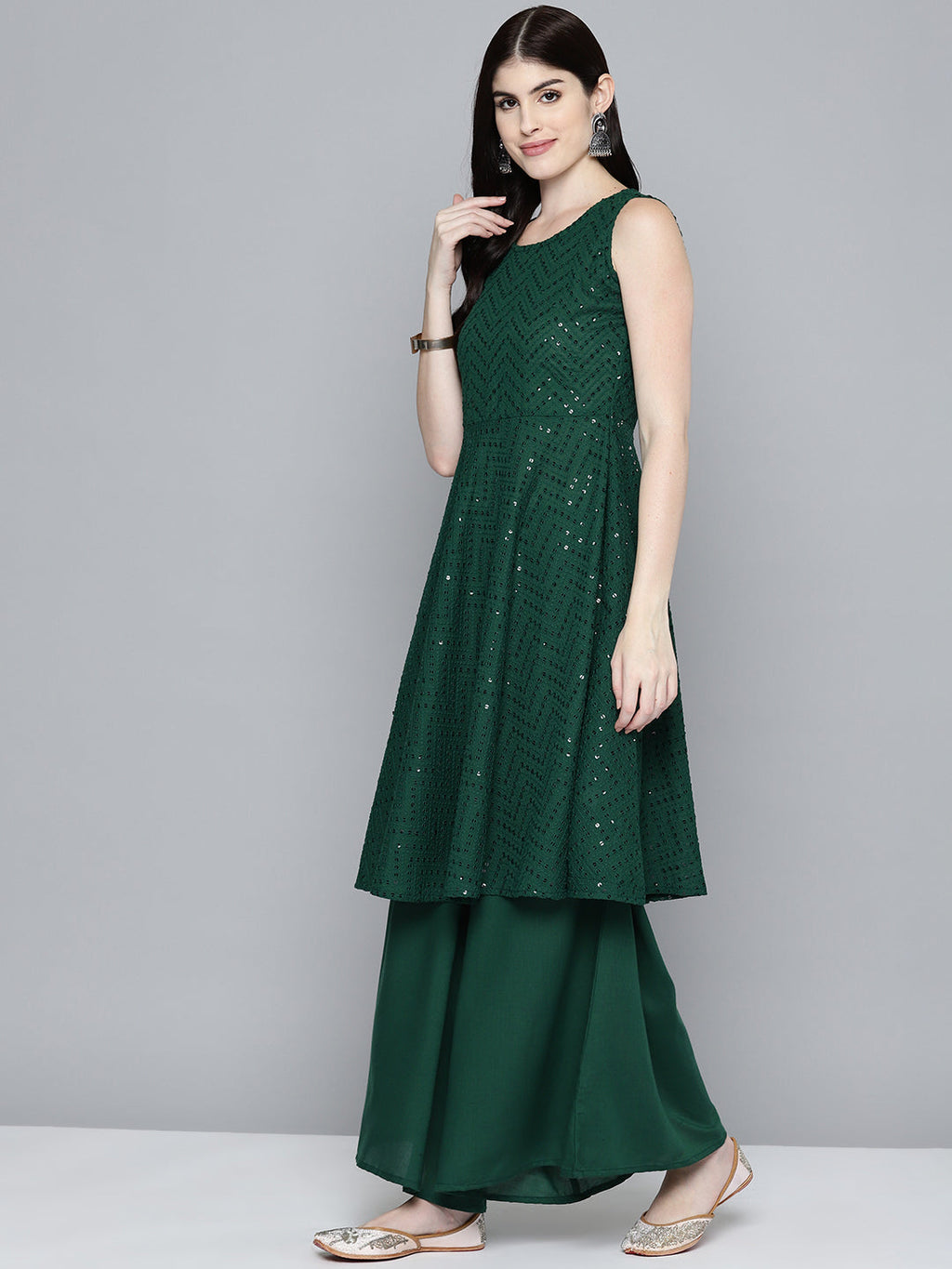 Jompers Women's Embroidered Sequinned Kurta & Palazzos With Dupatta - Green | Grocsy