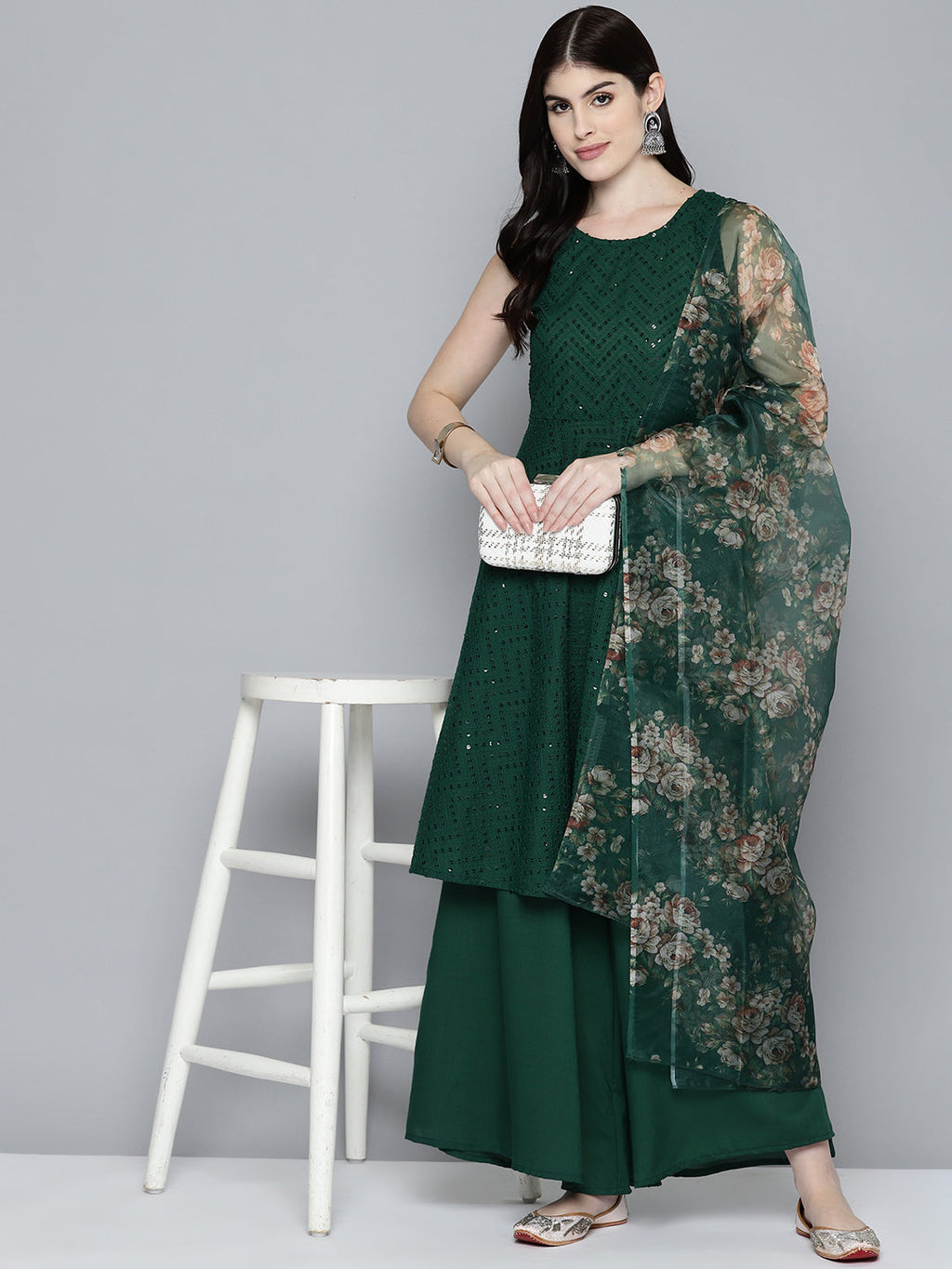 Jompers Women's Embroidered Sequinned Kurta & Palazzos With Dupatta - Green | Grocsy