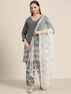 Jompers Women's Ethnic Motifs Embroidered Sequinned Kurta With Palazzos & With Dupatta - Navy Blue | Grocsy
