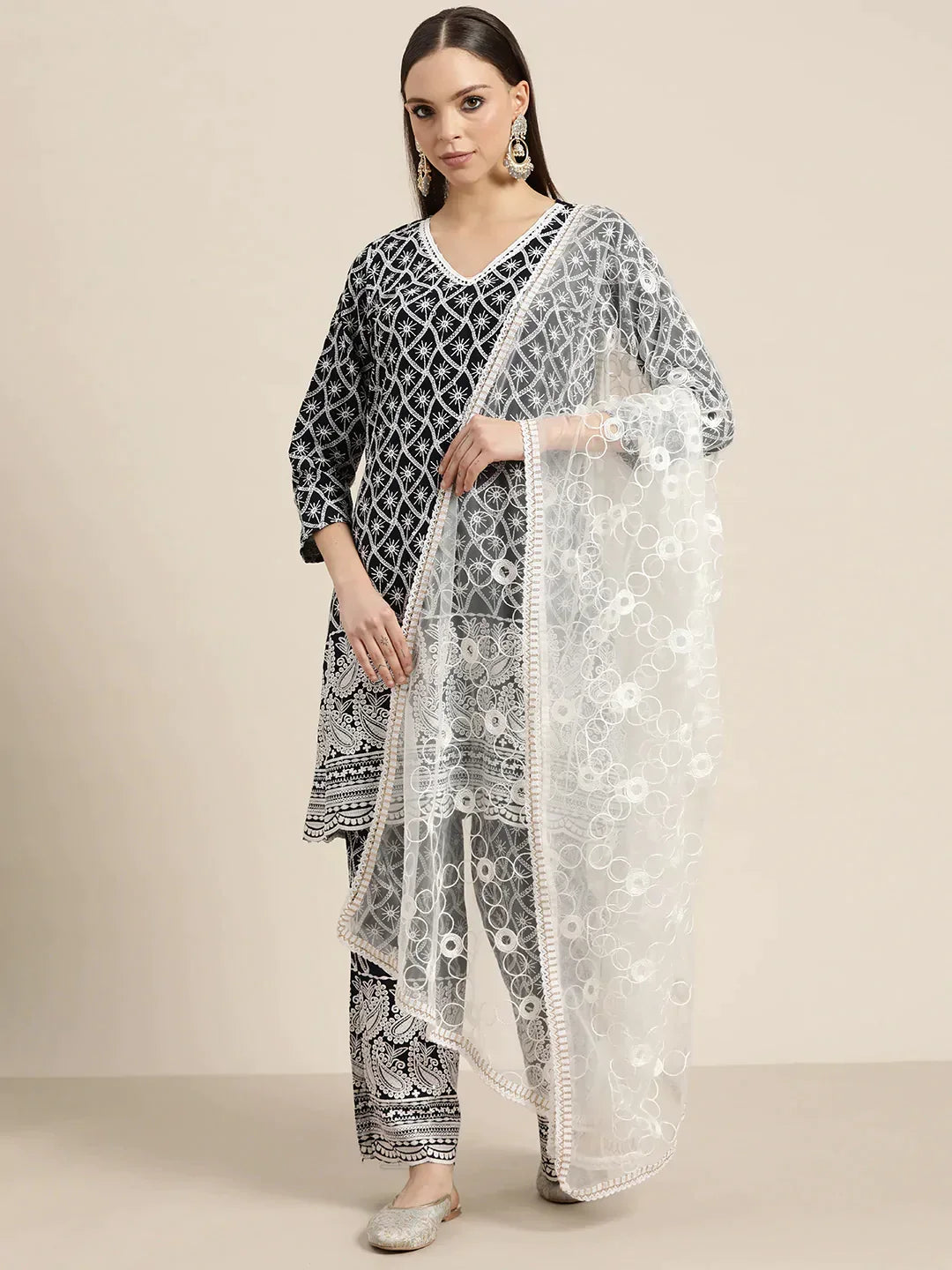 Jompers Women's Ethnic Motifs Embroidered Sequinned Kurta With Palazzos & With Dupatta - Navy Blue | Grocsy