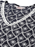 Jompers Women's Ethnic Motifs Embroidered Sequinned Kurta With Palazzos & With Dupatta - Navy Blue | Grocsy