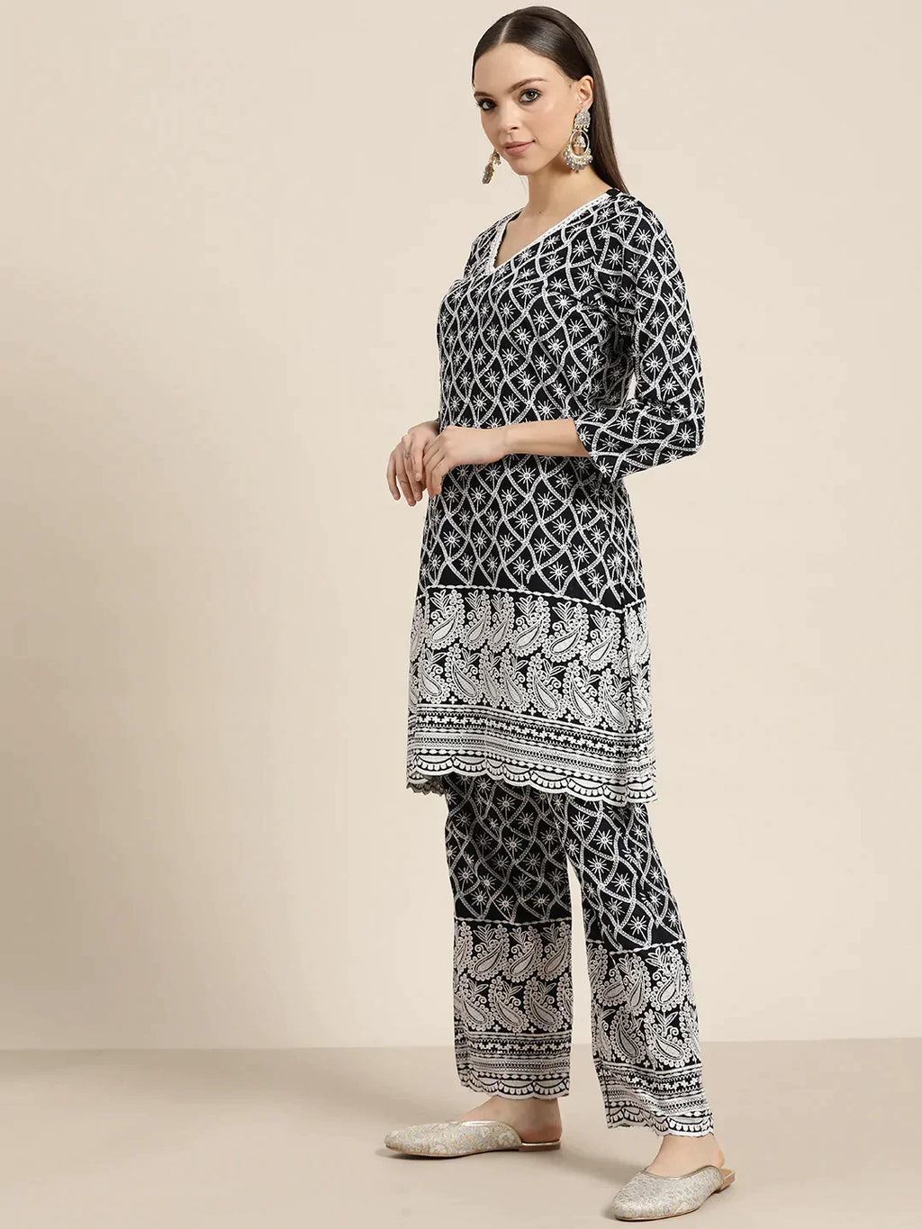 Jompers Women's Ethnic Motifs Embroidered Sequinned Kurta With Palazzos & With Dupatta - Navy Blue | Grocsy