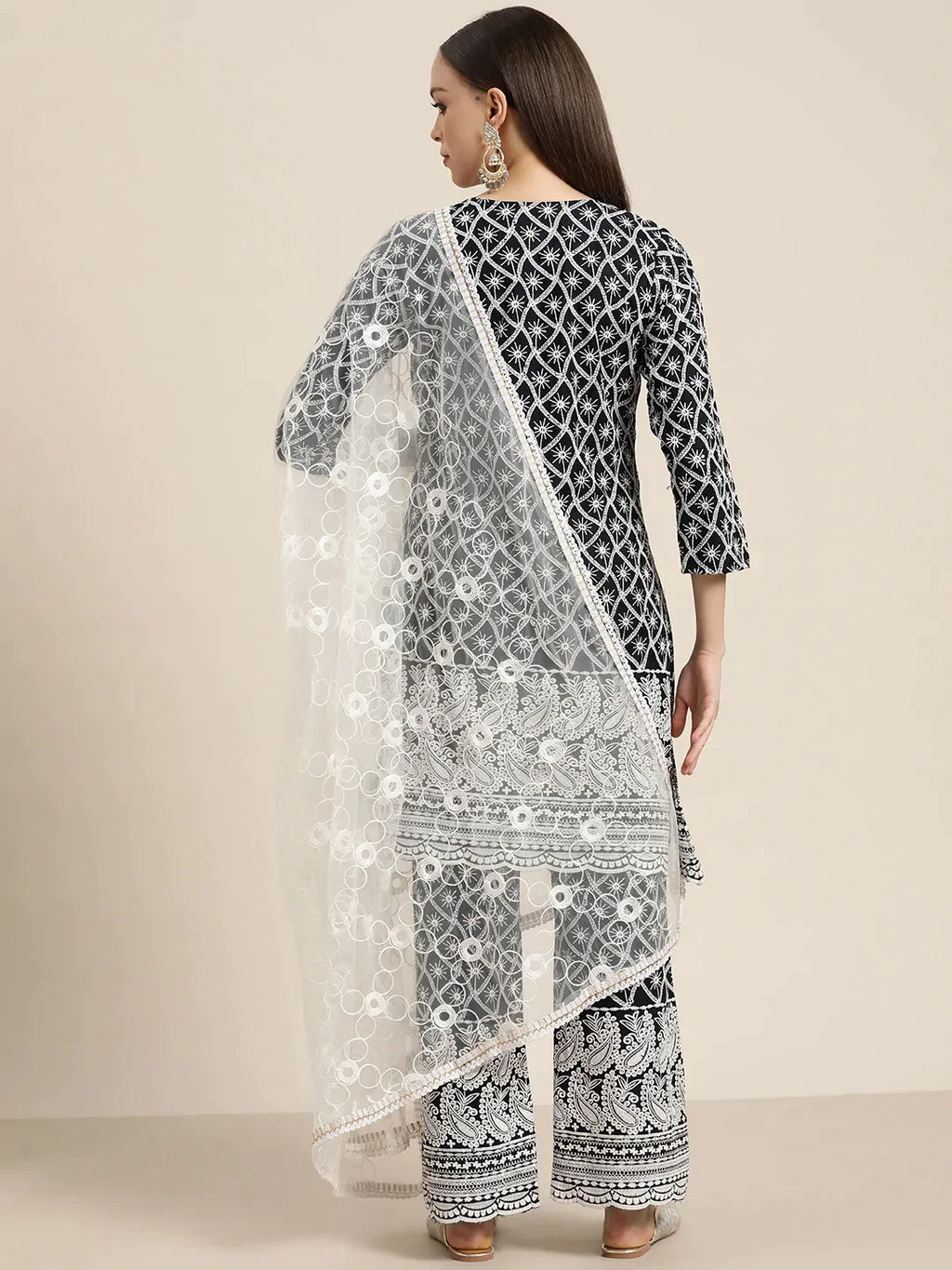Jompers Women's Ethnic Motifs Embroidered Sequinned Kurta With Palazzos & With Dupatta - Navy Blue | Grocsy