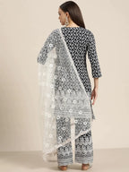 Jompers Women's Ethnic Motifs Embroidered Sequinned Kurta With Palazzos & With Dupatta - Navy Blue | Grocsy