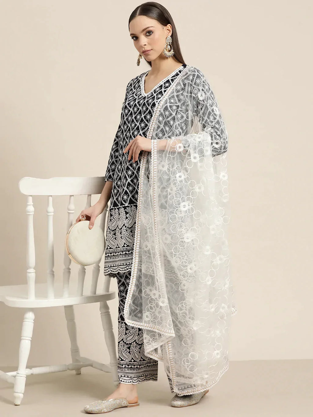 Jompers Women's Ethnic Motifs Embroidered Sequinned Kurta With Palazzos & With Dupatta - Navy Blue | Grocsy