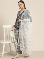 Jompers Women's Ethnic Motifs Embroidered Sequinned Kurta With Palazzos & With Dupatta - Navy Blue | Grocsy