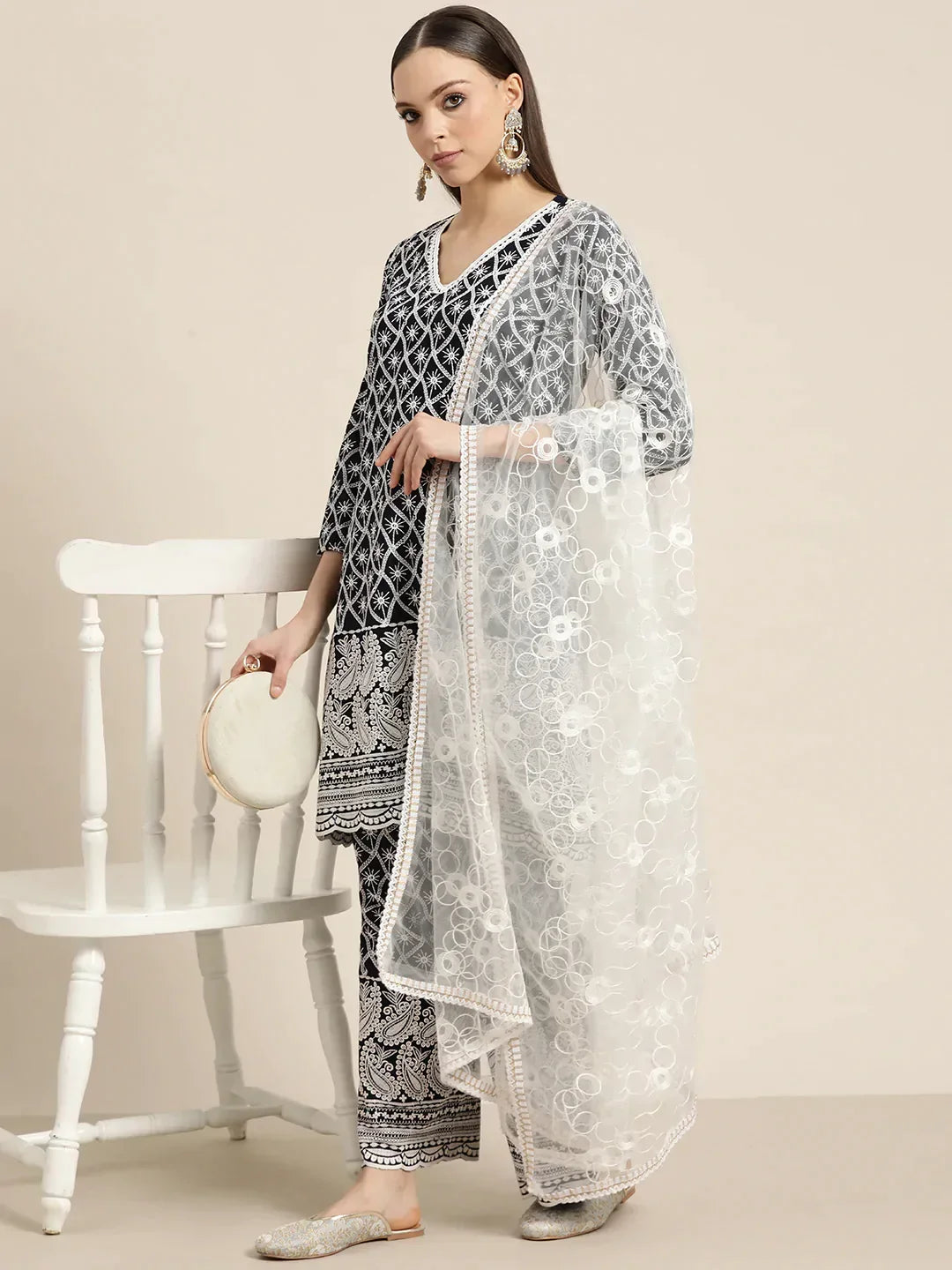 Jompers Women's Ethnic Motifs Embroidered Sequinned Kurta With Palazzos & With Dupatta - Navy Blue | Grocsy