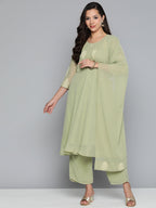 Jompers Women's Ethnic Motifs Green Printed Georgette Kurta with Palazzos & With Dupatta | Grocsy