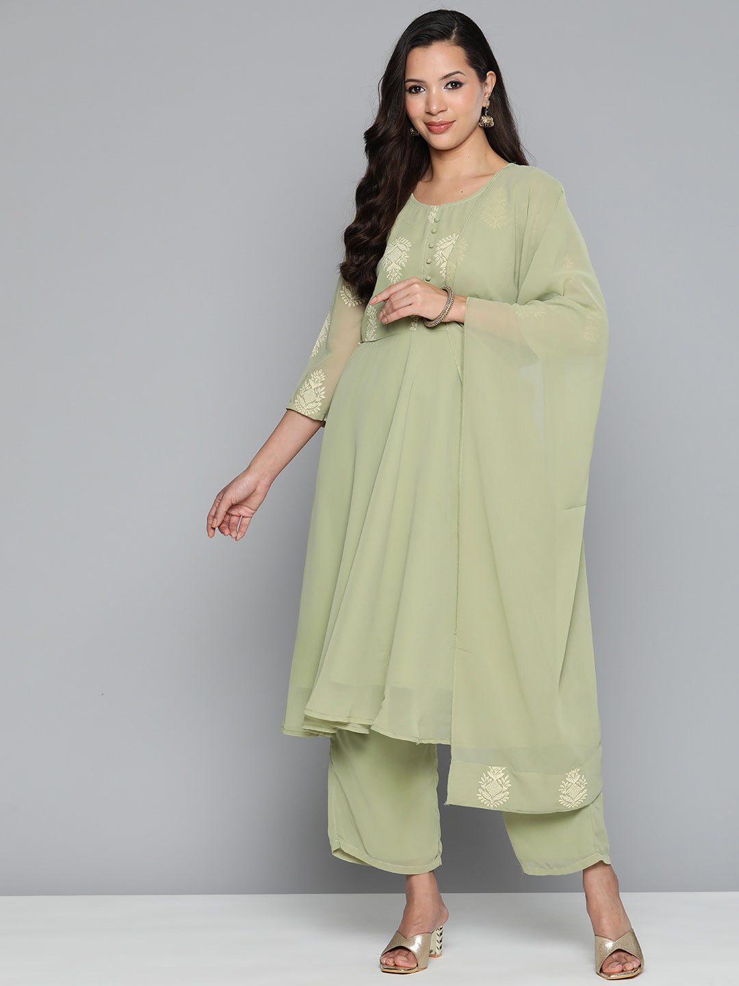 Jompers Women's Ethnic Motifs Green Printed Georgette Kurta with Palazzos & With Dupatta | Grocsy