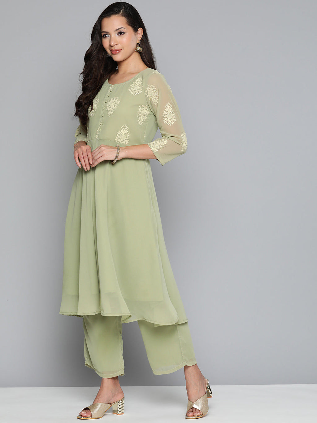 Jompers Women's Ethnic Motifs Green Printed Georgette Kurta with Palazzos & With Dupatta | Grocsy