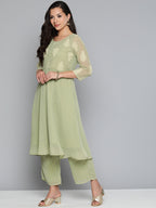 Jompers Women's Ethnic Motifs Green Printed Georgette Kurta with Palazzos & With Dupatta | Grocsy