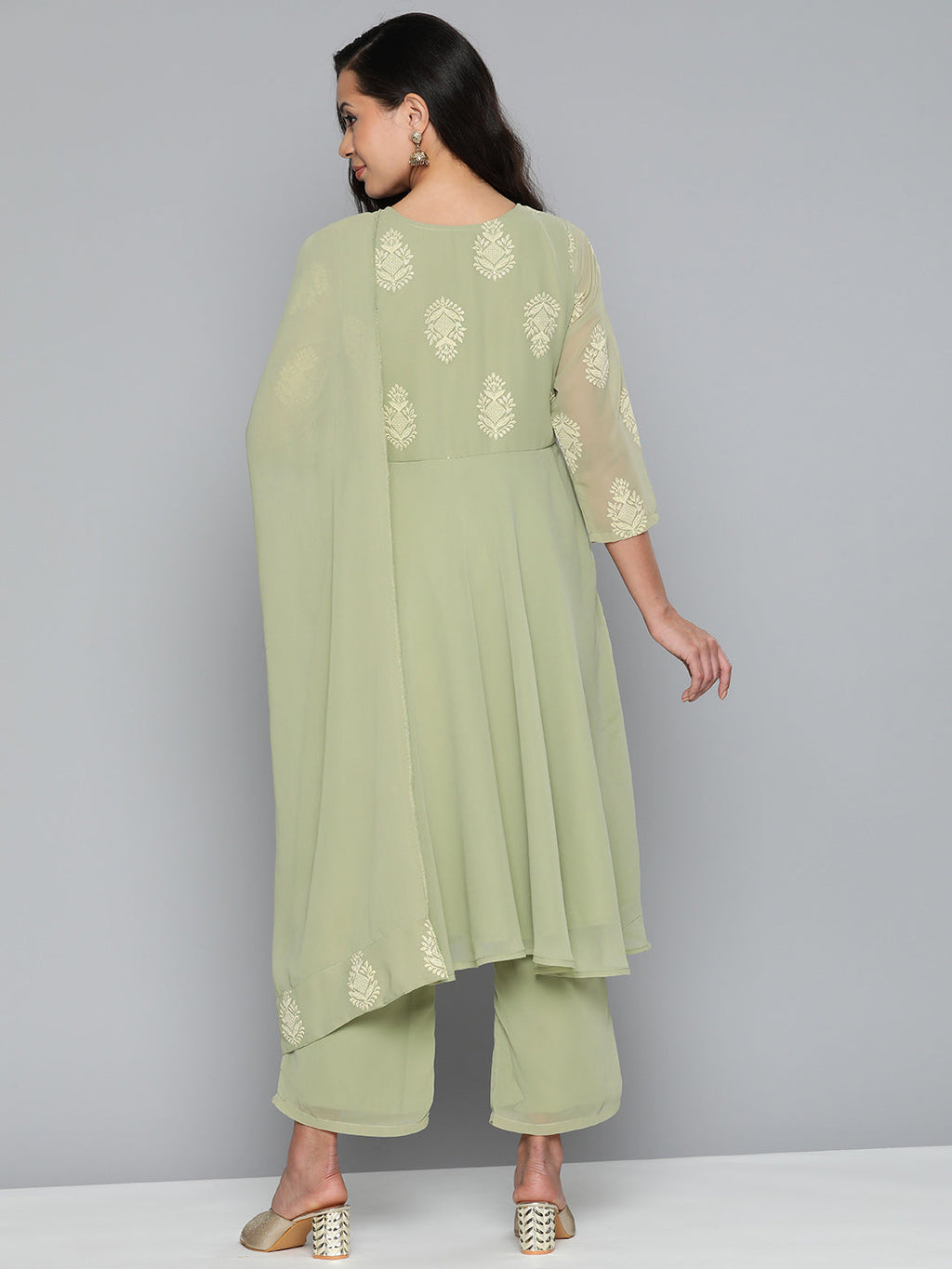 Jompers Women's Ethnic Motifs Green Printed Georgette Kurta with Palazzos & With Dupatta | Grocsy