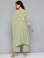 Jompers Women's Ethnic Motifs Green Printed Georgette Kurta with Palazzos & With Dupatta | Grocsy