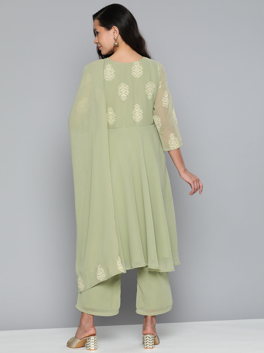 Jompers Women's Ethnic Motifs Green Printed Georgette Kurta with Palazzos & With Dupatta | Grocsy