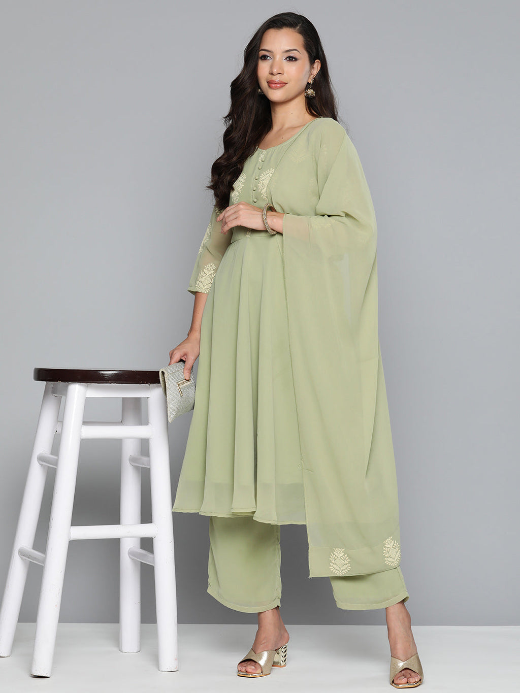 Jompers Women's Ethnic Motifs Green Printed Georgette Kurta with Palazzos & With Dupatta | Grocsy
