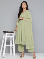 Jompers Women's Ethnic Motifs Green Printed Georgette Kurta with Palazzos & With Dupatta | Grocsy