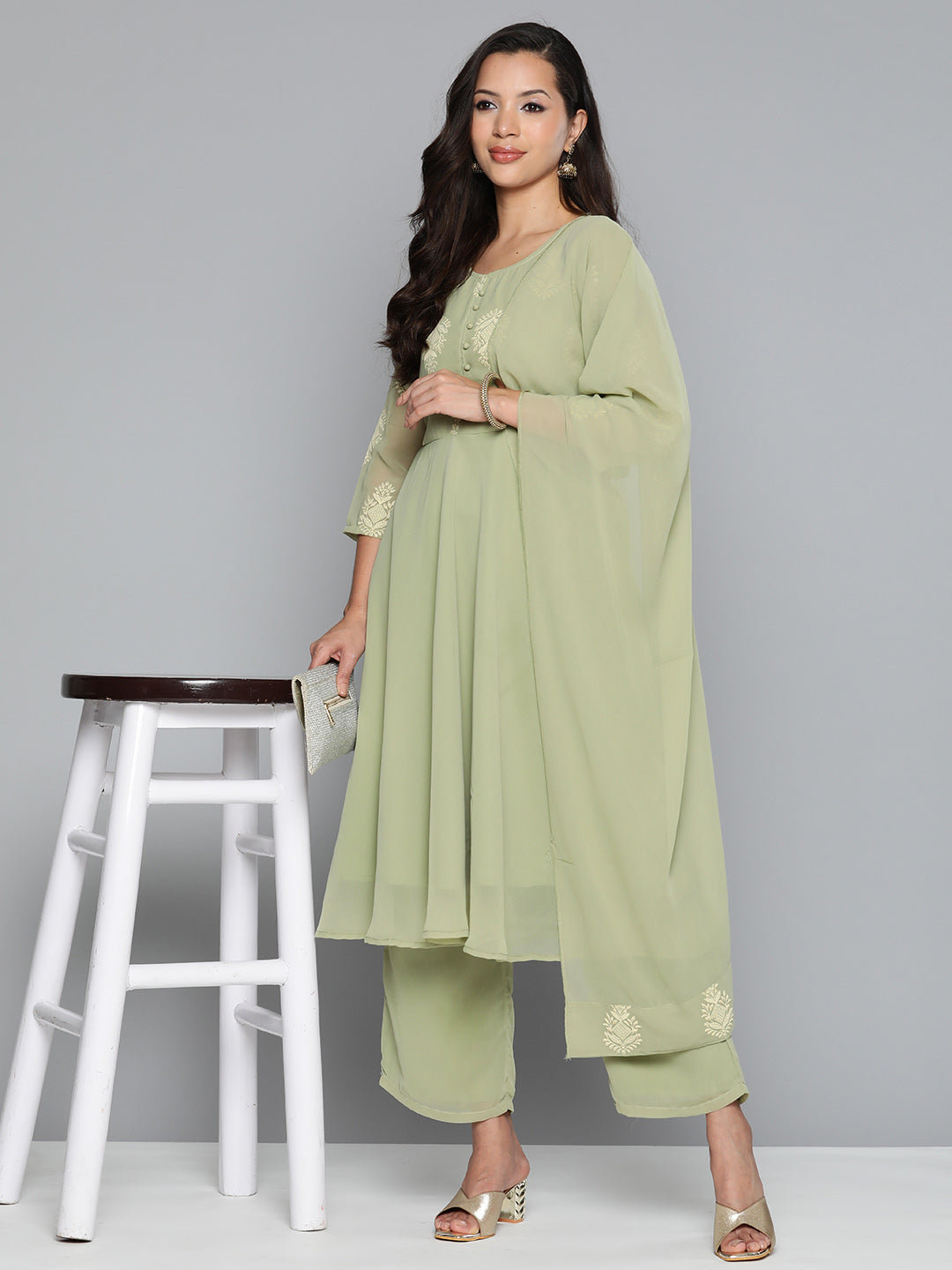 Jompers Women's Ethnic Motifs Green Printed Georgette Kurta with Palazzos & With Dupatta | Grocsy