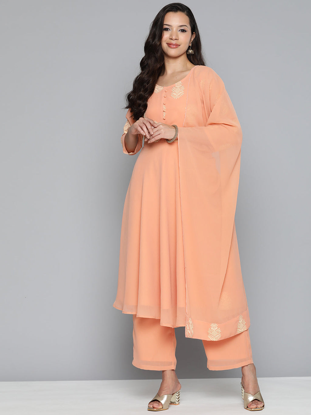Jompers Women's Ethnic Motifs Peach Printed Georgette Kurta with Palazzos & With Dupatta | Grocsy