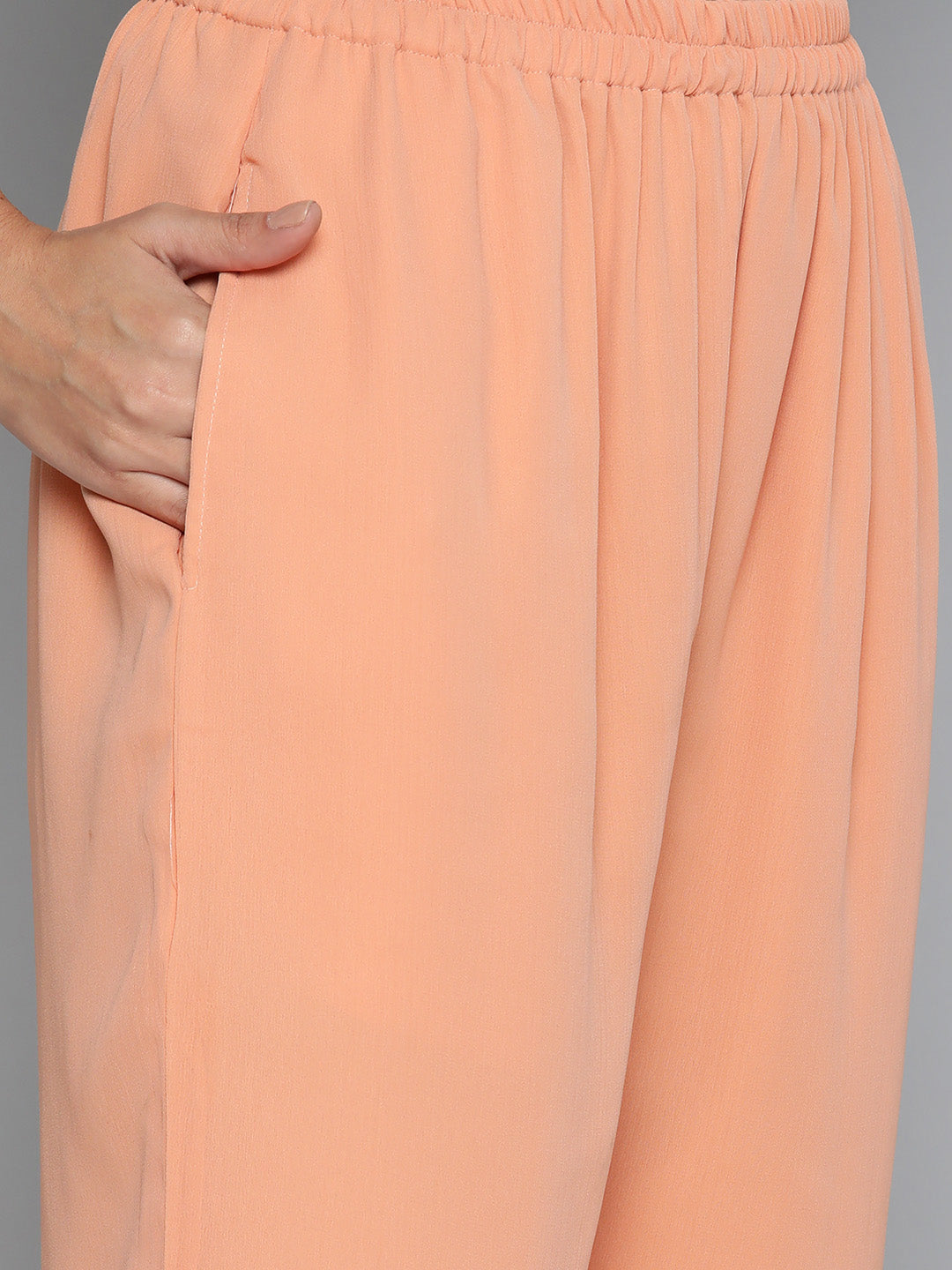 Jompers Women's Ethnic Motifs Peach Printed Georgette Kurta with Palazzos & With Dupatta | Grocsy