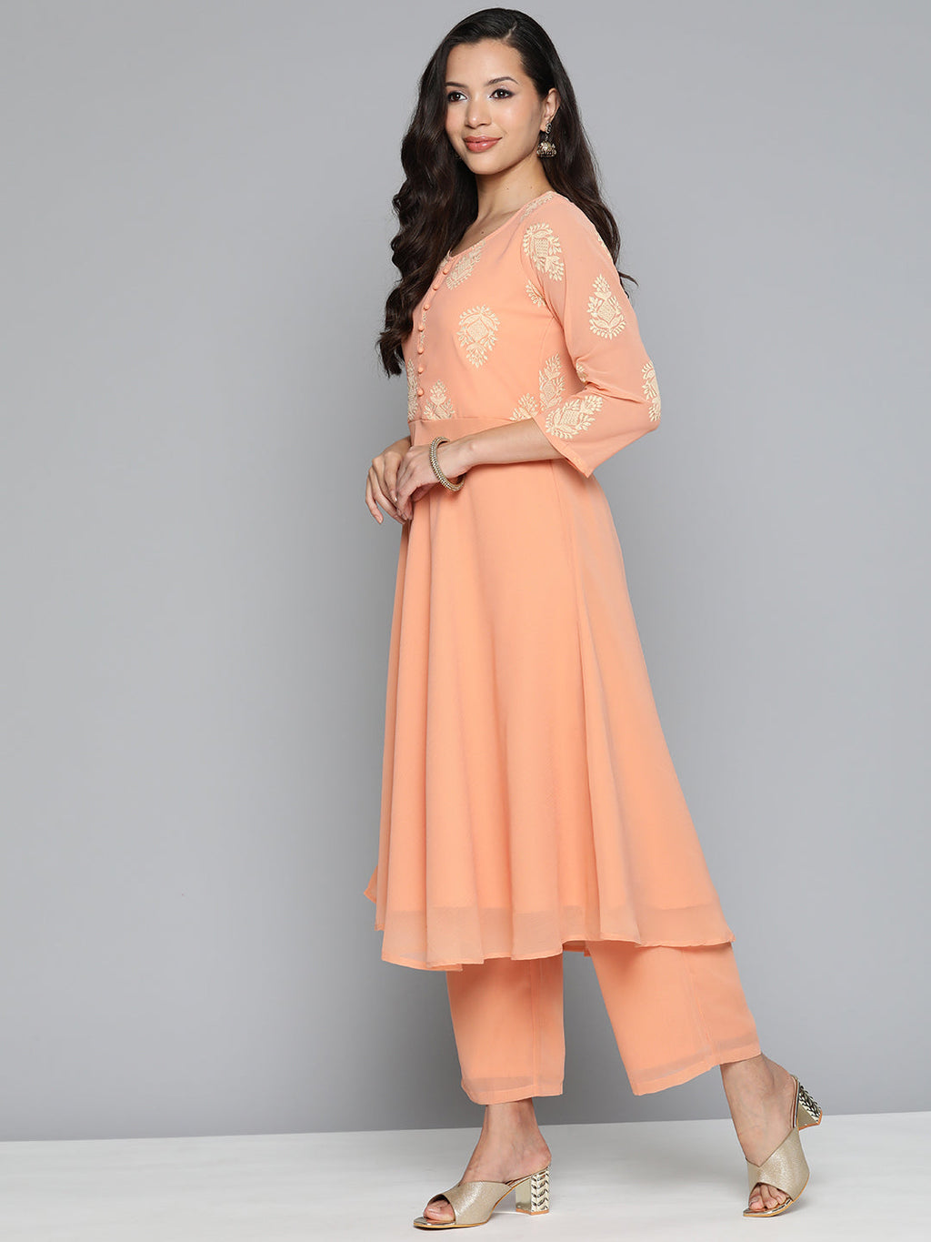 Jompers Women's Ethnic Motifs Peach Printed Georgette Kurta with Palazzos & With Dupatta | Grocsy