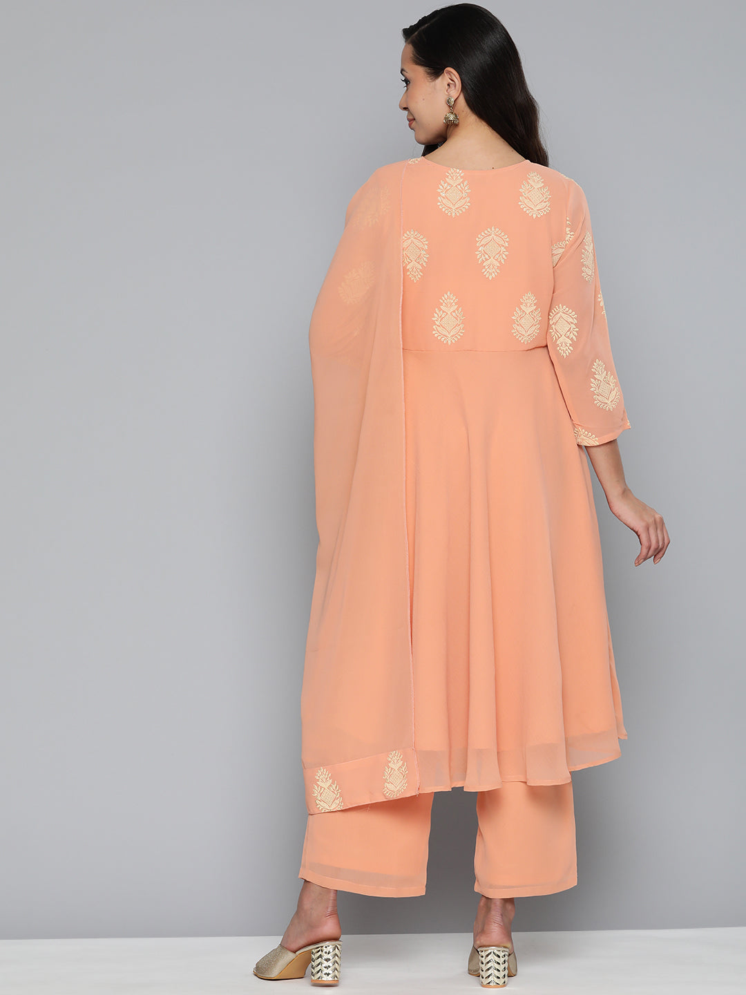 Jompers Women's Ethnic Motifs Peach Printed Georgette Kurta with Palazzos & With Dupatta | Grocsy