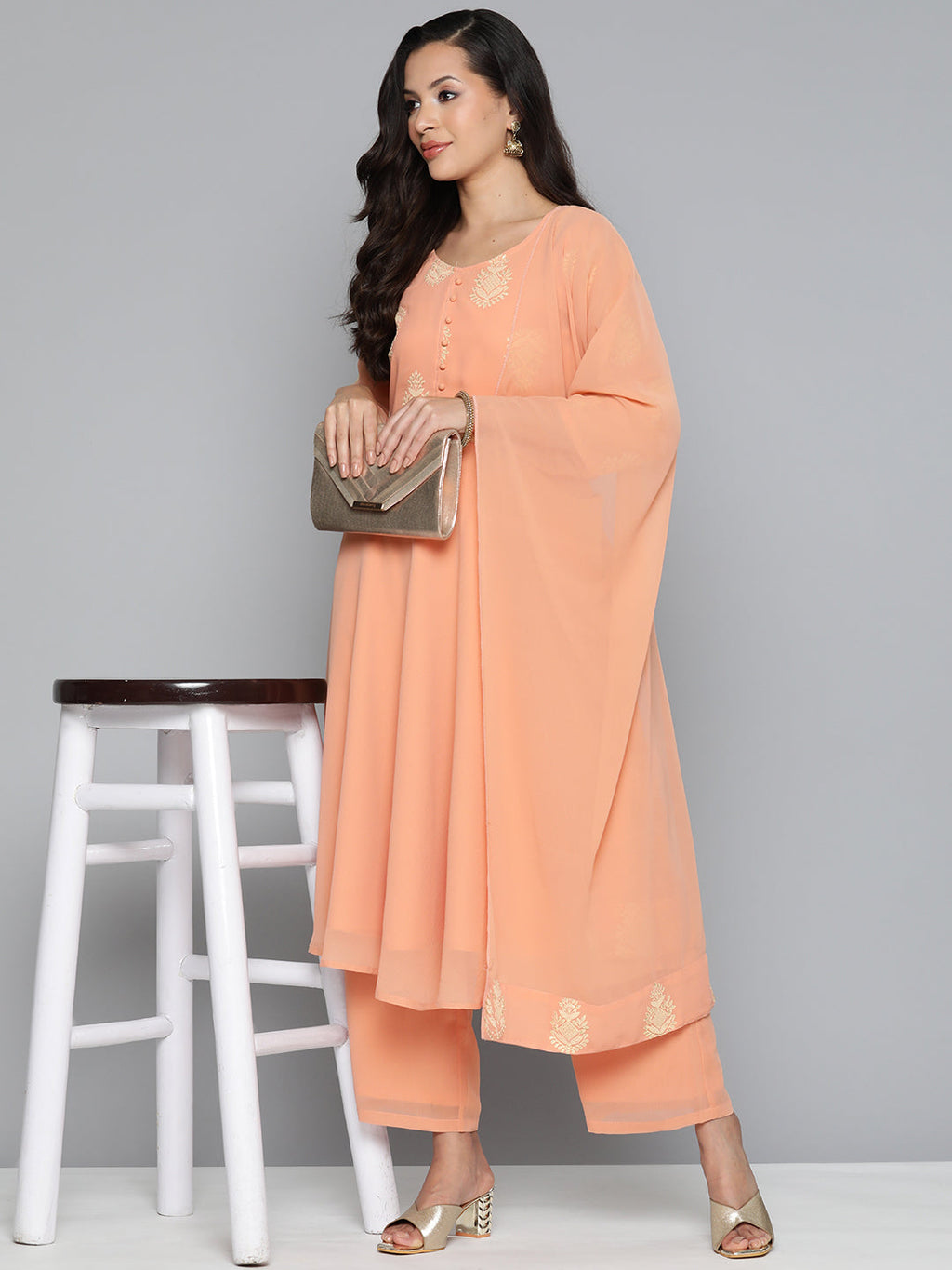 Jompers Women's Ethnic Motifs Peach Printed Georgette Kurta with Palazzos & With Dupatta | Grocsy