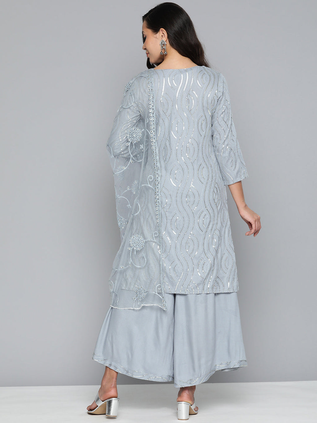Jompers Women's Leheriya Sequinned Kurta with Palazzos & With Dupatta | Grocsy