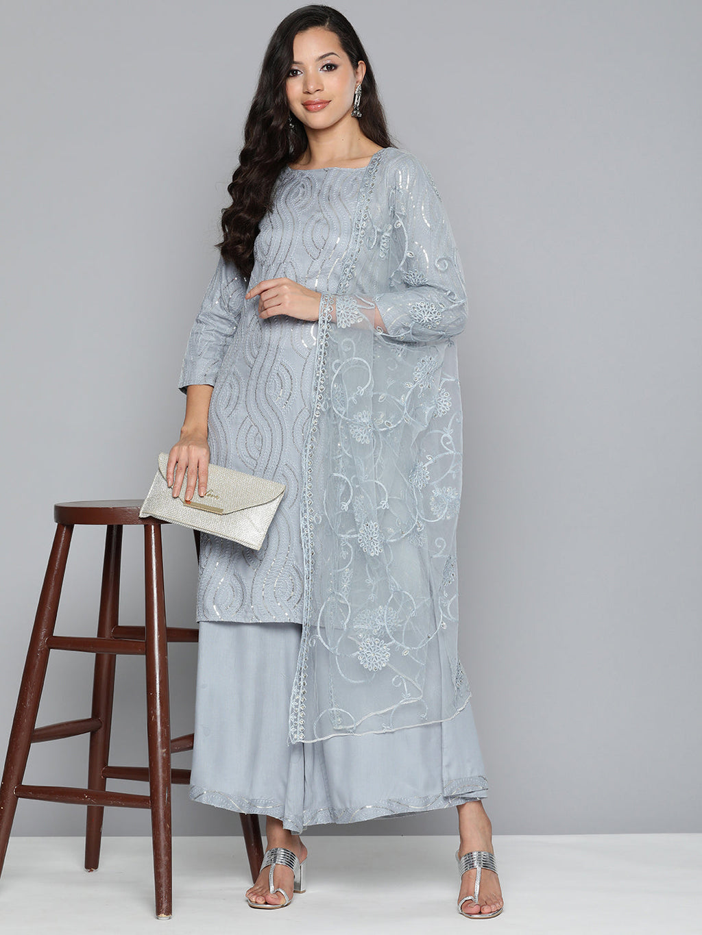 Jompers Women's Leheriya Sequinned Kurta with Palazzos & With Dupatta | Grocsy