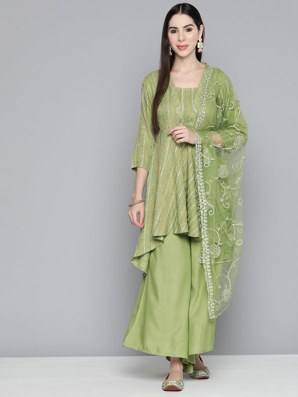 Jompers Women's Green Sequinned Kurta with Palazzos & With Dupatta | Grocsy