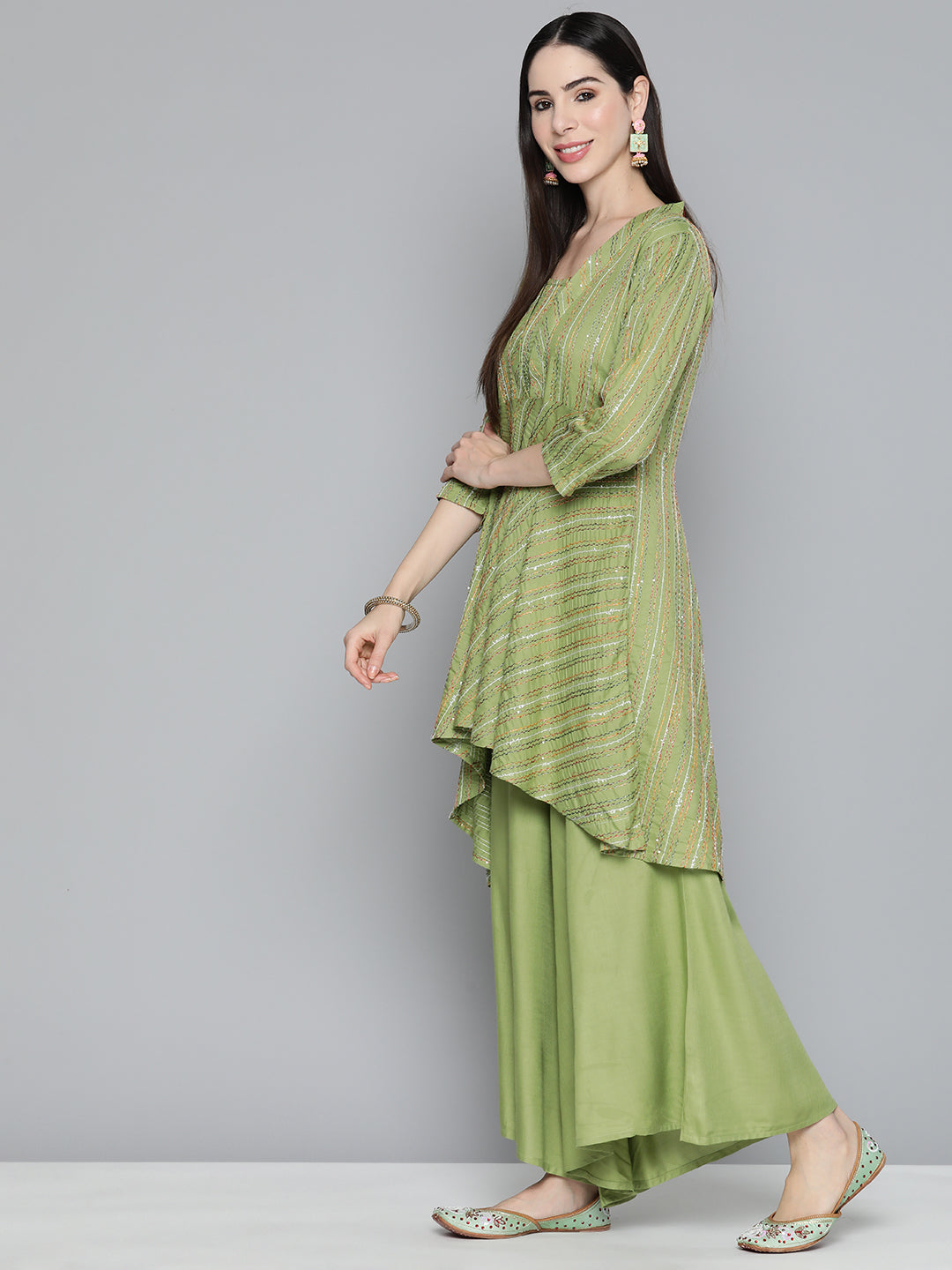 Jompers Women's Green Sequinned Kurta with Palazzos & With Dupatta | Grocsy