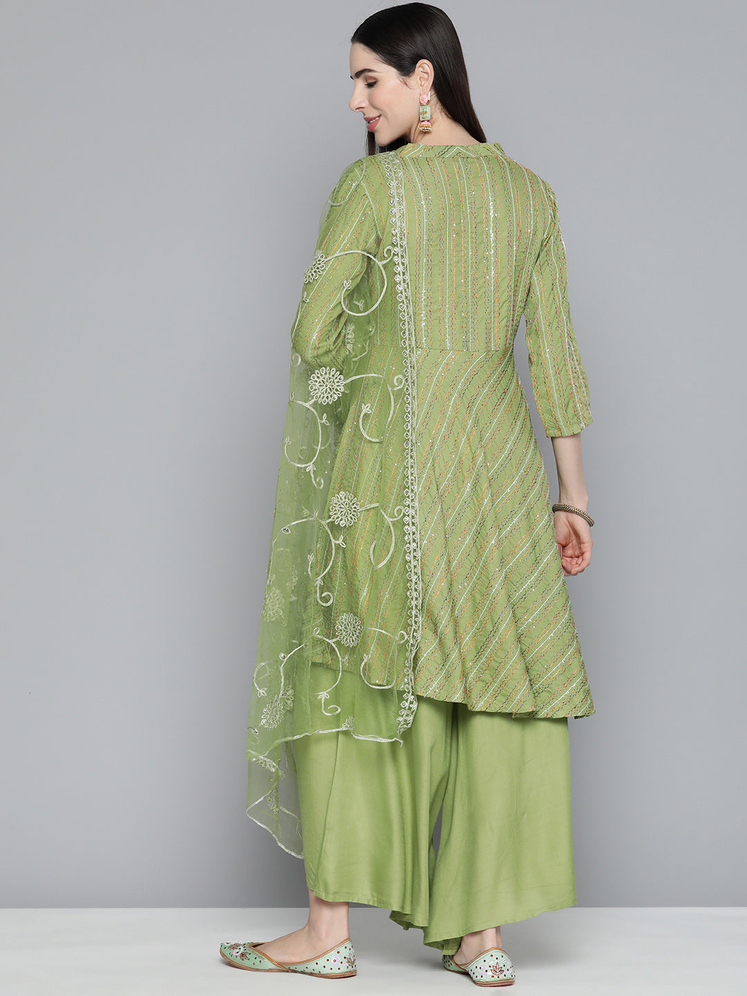 Jompers Women's Green Sequinned Kurta with Palazzos & With Dupatta | Grocsy