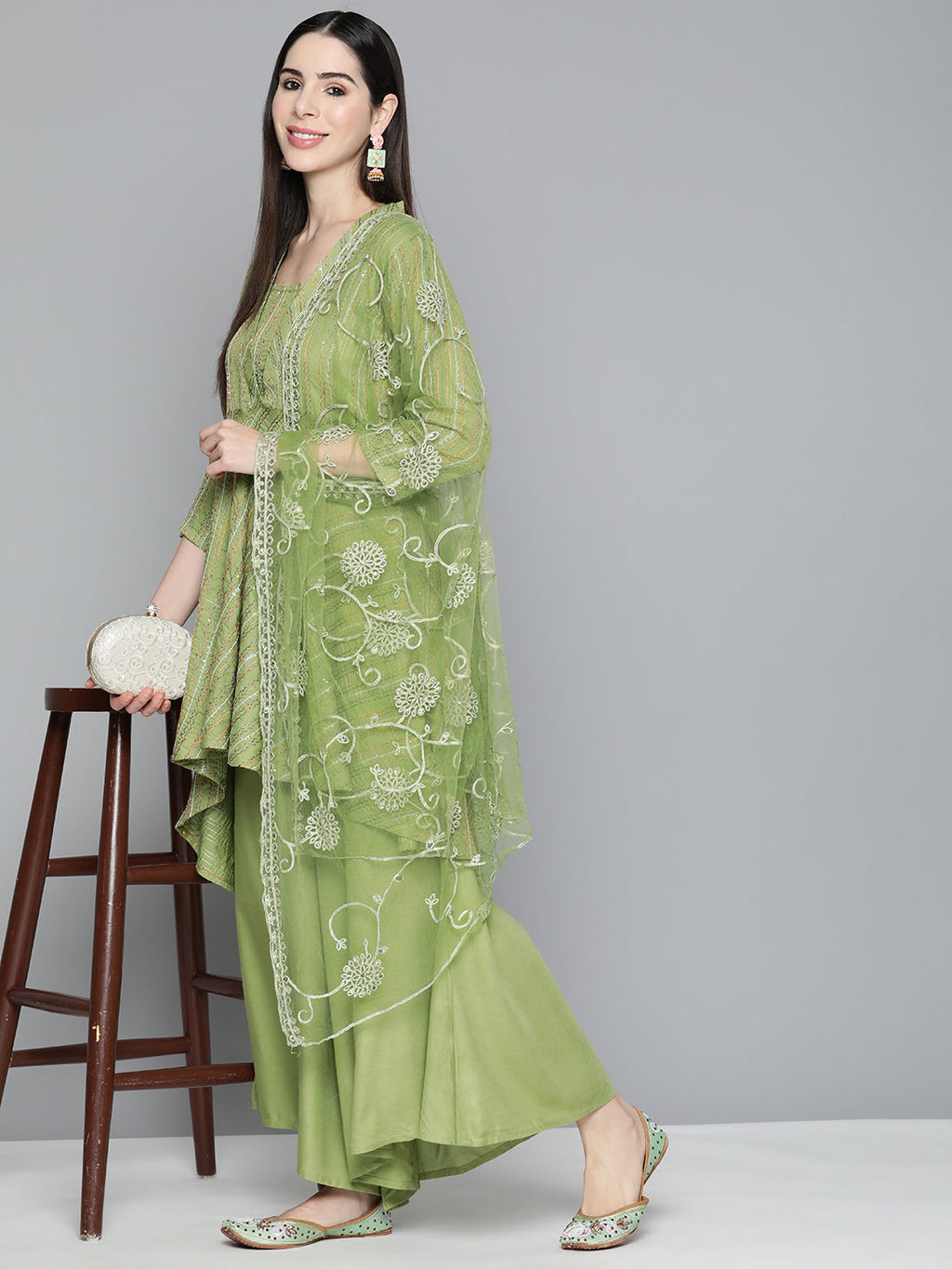 Jompers Women's Green Sequinned Kurta with Palazzos & With Dupatta | Grocsy