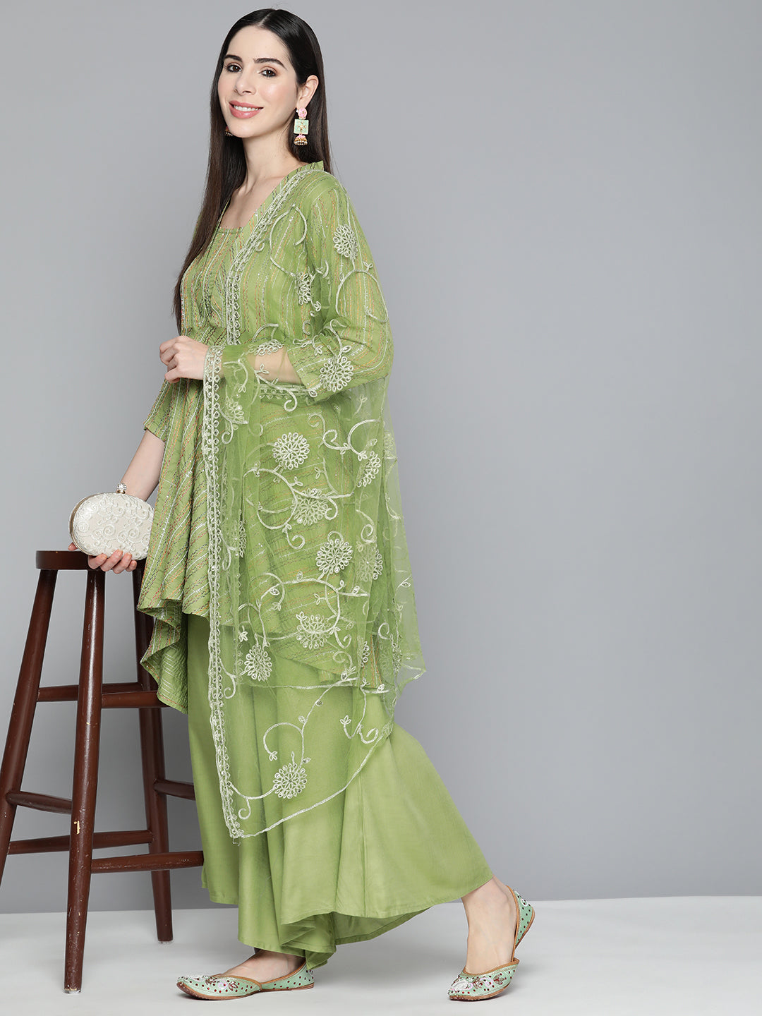Jompers Women's Green Sequinned Kurta with Palazzos & With Dupatta | Grocsy