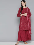 Jompers Women's Maroon Leheriya Sequinned Kurta with Palazzos & With Dupatta | Grocsy