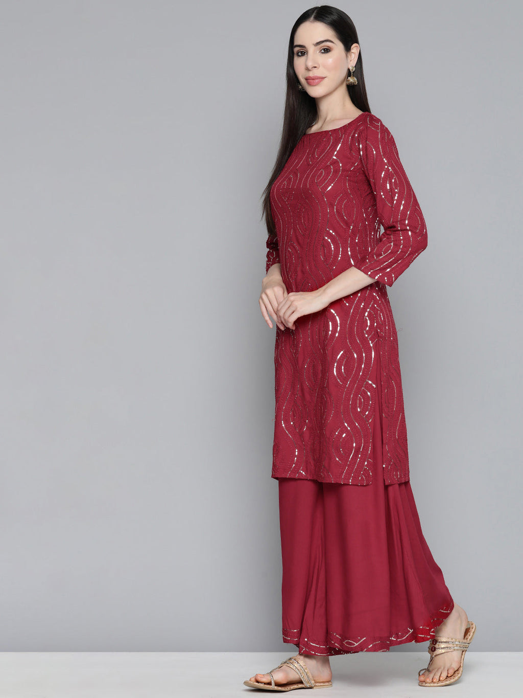 Jompers Women's Maroon Leheriya Sequinned Kurta with Palazzos & With Dupatta | Grocsy