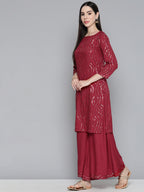 Jompers Women's Maroon Leheriya Sequinned Kurta with Palazzos & With Dupatta | Grocsy
