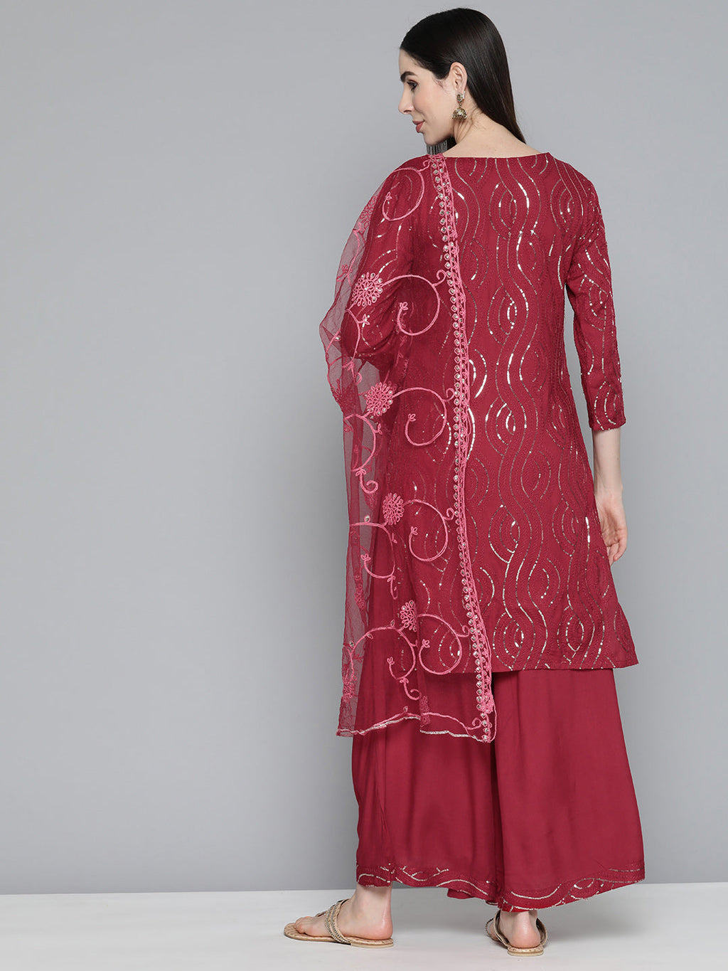 Jompers Women's Maroon Leheriya Sequinned Kurta with Palazzos & With Dupatta | Grocsy
