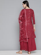 Jompers Women's Maroon Leheriya Sequinned Kurta with Palazzos & With Dupatta | Grocsy