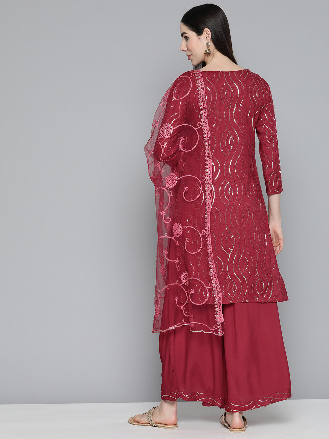 Jompers Women's Maroon Leheriya Sequinned Kurta with Palazzos & With Dupatta | Grocsy